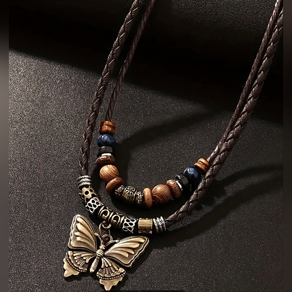 Butterfly Pendant Double Layer Necklace with Beads